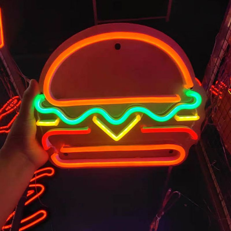 Comhartha neon Hamburger lámhdhéanta c2