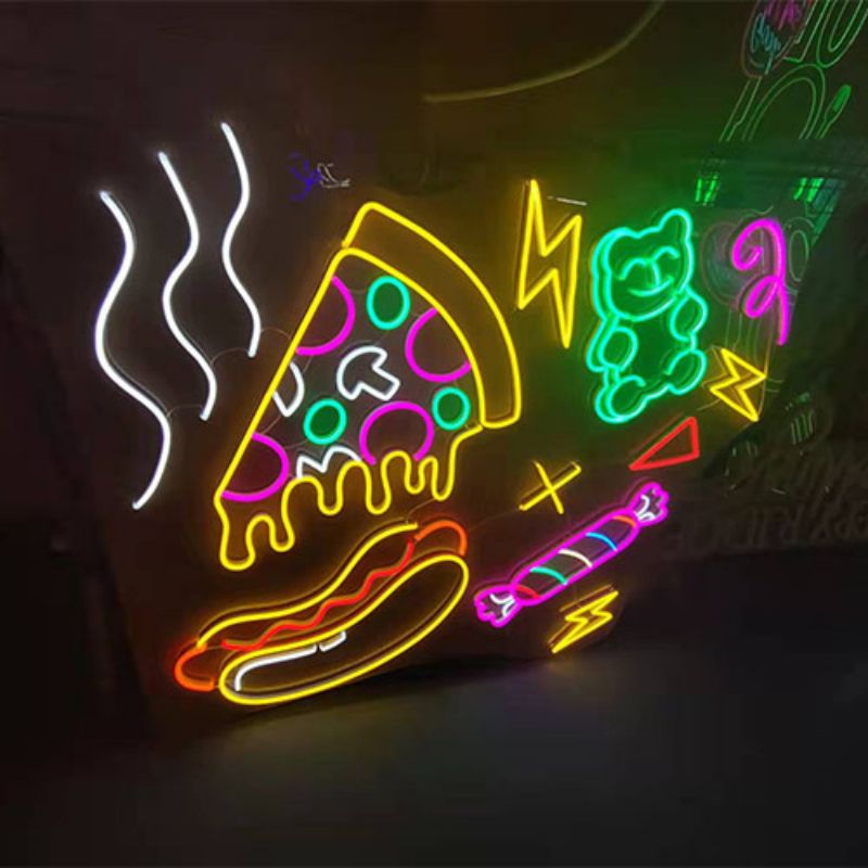 Muri 4 me tabela neoni për hot-dog picash